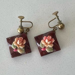 Vintage Wooden Screw Back Drop Earrings 3D Flower